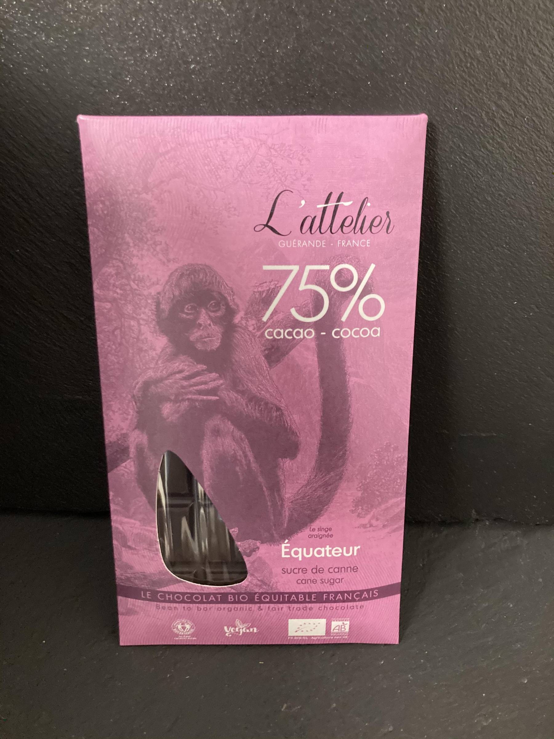 Chocolat noir équateur 75% sucre de canne 